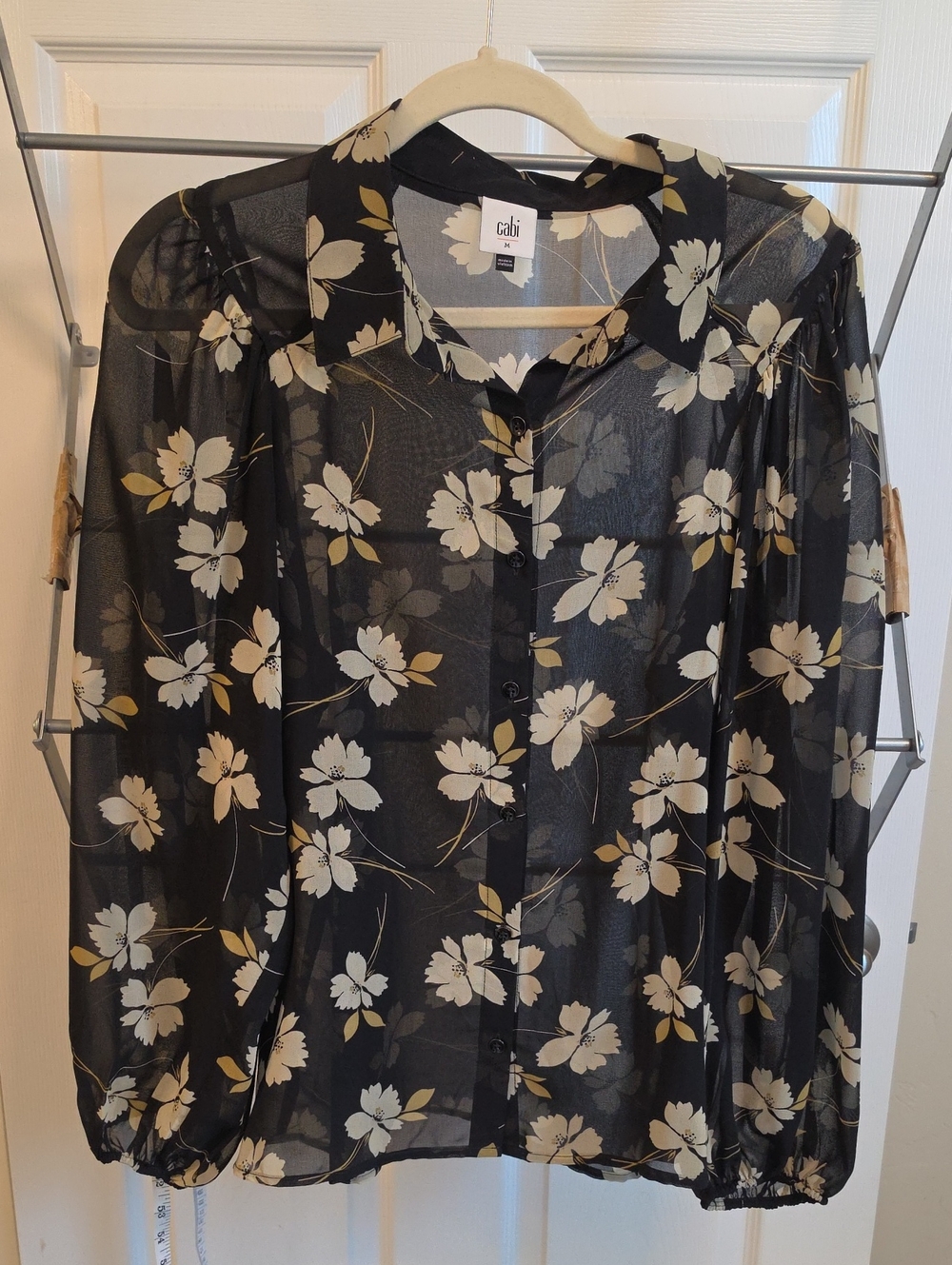 CAbi Black Floral Sheer Button-Front Blouse with Ivory & Soft Gold Blooms